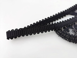 Macro shot of black eyelash lace floral pattern and delicate picot edge elastic strap