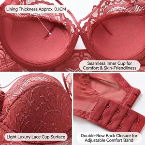 Lace minimizer bra set for women with deep red floral pattern and thin breathable cups