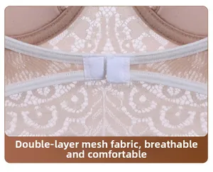 Detail of breathable double-layer mesh fabric and hook back closure of the lace bra