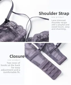 Detail of purple lace bra featuring adjustable shoulder straps and double hook-and-eye closure