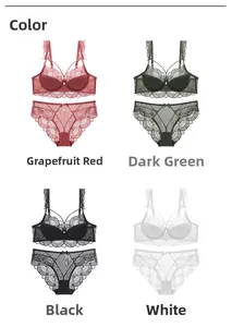 Lace bra and panty sets in grapefruit red, dark green, black and white color options