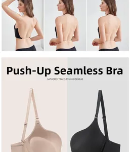 Detail view of seamless push-up bra with transparent back straps and U-shaped backless design