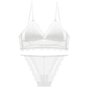 Elegant white lace bralette and thong set with triangle cups and adjustable straps