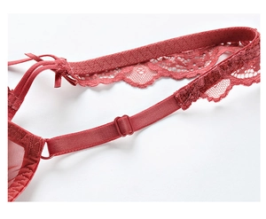 Detailed close-up of red lace lingerie featuring adjustable straps and a satin bow