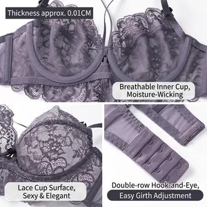 French style lavender lace lingerie set with ultra-thin cups and bow detail