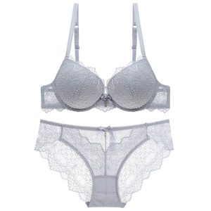 Sexy deep V lace lingerie set in light grey with floral patterns and delicate pendants