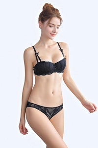 Detail of black lace bra with ribbon straps and matching panty on white background