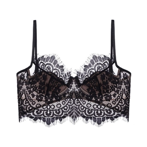 Sexy black eyelash lace bra with V-neck design and skin-tone lining on white background