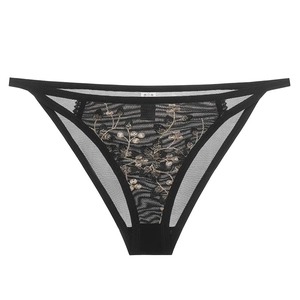 Culotte sexy en dentelle noire avec broderie florale et tulle transparent pour femme