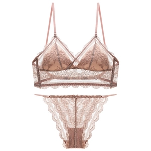 Dusty pink French lace lingerie set with non-wired triangle cup bra and matching thong