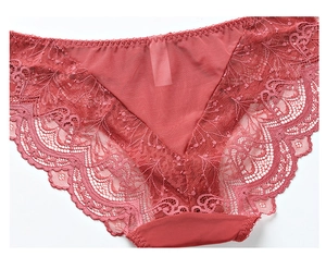 Close-up detail of brick red lace panties featuring intricate embroidery and mesh