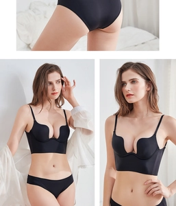 Detail of black seamless deep U-plunge push-up bra and low-waisted panty set
