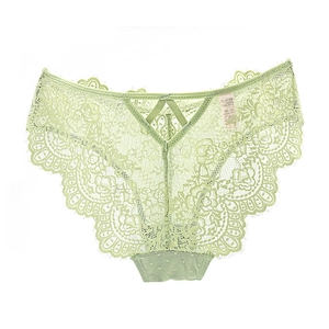 Close-up of mint green lace panties featuring delicate floral patterns and V-shaped straps