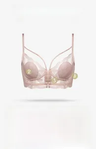 Detailed pink longline lace bra with rabbit ear padding and floral mesh embroidery