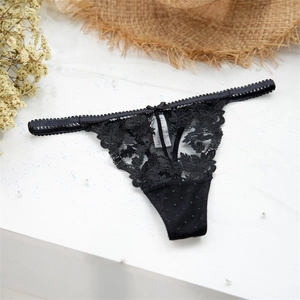 Sexy black eyelash lace thong for women with floral embroidery and bow detail