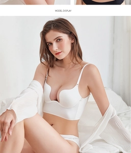 Detail showing white seamless U-shape bra and matching brief with pleated cardigan