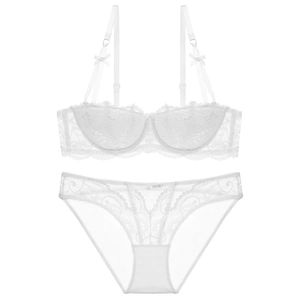 Detailed view of white floral lace lingerie set with half-cup bra and matching panties