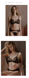 Detail van Franse zwarte kantlingerie set met transparante triangel bh-cups ontwerp