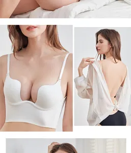 Close-up of white U-plunge seamless bra featuring low-back design and push-up support