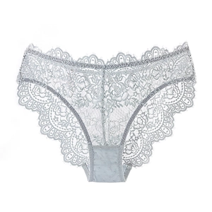 Close-up of intricate floral lace patterns and scalloped edges on light grey panties