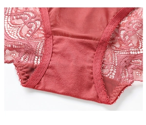 Detail of coral lace trim and breathable mesh fabric on comfortable women underwear