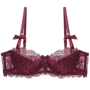 French style burgundy lace bra with floral patterns and gold ring pendant detail
