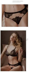 Detail van elegante zwarte kant lingerie set met beugelloze zachte triangel cups van kant