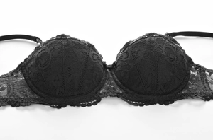 Detail of black floral lace bra showing delicate scalloped eyelash edges and texture