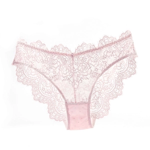 Detailed view of light pink floral lace panties with scalloped edges and cotton crotch