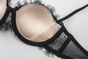 Detailed macro view of black eyelash lace bra cup interior with padding pocket