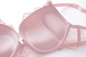 Close-up of thick push-up cups and delicate lace trim on the light pink bra