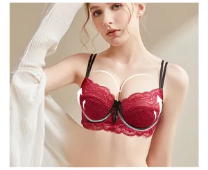 Detail of wine red lace bra featuring floral embroidery and delicate bow accent