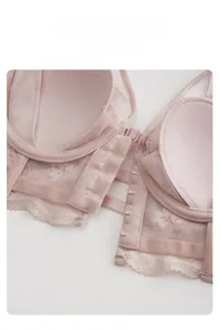 Close-up of front clasp design on French style lace bra with delicate floral textures