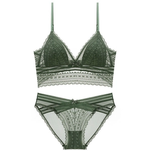 French style dark green lace lingerie set with wireless triangle bra and matching panty