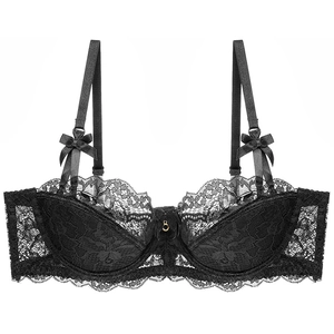 French style sexy black lace bra with 1/2 cup design, floral patterns and gold ring detail