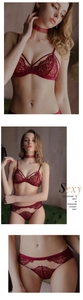 Driedelige wijnrode lingerieset met wimperkant en satijnen details in luxe stijl