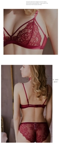 Detail van wijnrode lingerie set van kant met draadloze triangel cups en bloemenpatronen