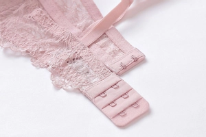 Detail of baby pink lace bra featuring a three-row hook and eye back closure