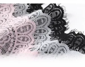Close-up of soft eyelash lace fabric in pink, white and black for sexy French panties