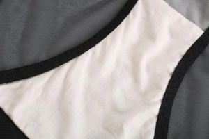 Detailed close-up of cotton crotch lining and black lace mesh for women's panties