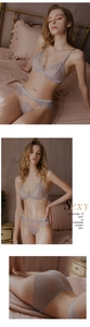 Gedetailleerde weergave van de grijs-paarse kanten lingerieset met zachte bralette