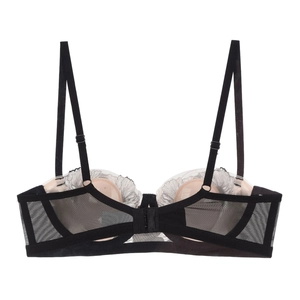 Detailed back view of black sheer lace bra with adjustable straps and hook-and-eye closure