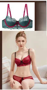 Detail view of thin eyelash lace bra set with supportive underwire and bow ornament