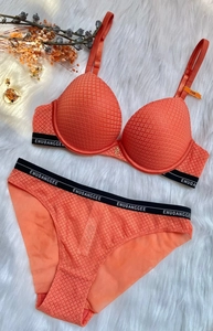 Detail of coral mesh lingerie set with branded elastic band on white faux fur background