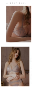 Details van kant en pasvorm van deze lavendelkleurige triangel bh-set zonder beugel