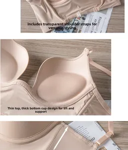Detail of beige seamless bra showing push-up padding and thin transparent straps