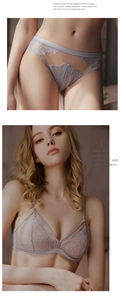 Detail van grijs-paars kant lingerie setje met triangel beha en bijpassende slip