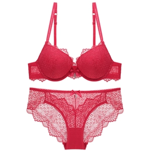 Red floral lace lingerie set with push-up underwire bra and matching sheer panties