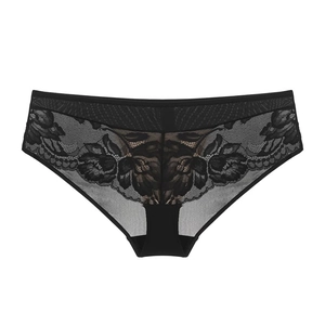 Culotte sexy en dentelle noire pour femme avec broderies florales et résille transparente