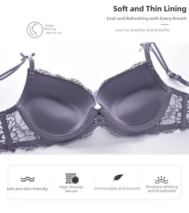 Detail of light purple lace bra showing the super thin cup and breathable soft inner fabric